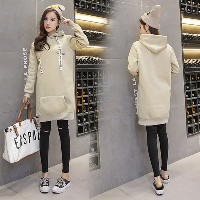 2017冬新款韩版加绒加厚卫衣女中长款宽松连帽衫套头大码长袖外套