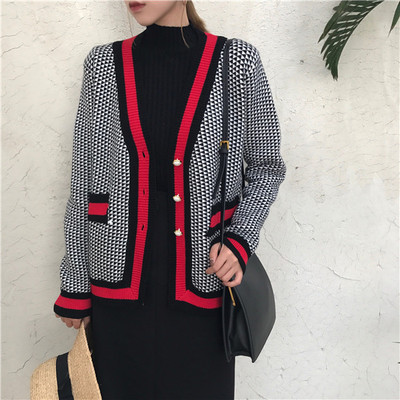 单排扣拼色chic开衫外套女 2017韩版秋冬新品时尚百搭学生上衣潮