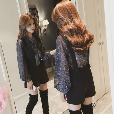 秋季女装百搭雪纺小衫时尚休闲蝴蝶结学生T恤灯笼袖上衣服两件套