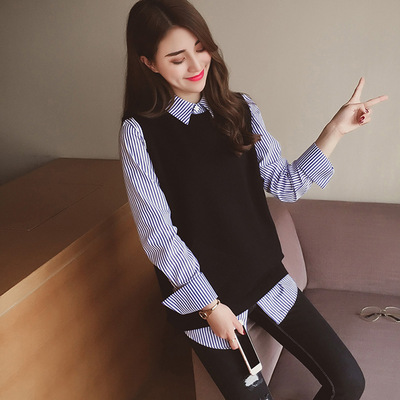 秋冬女开学毛衣无袖马甲衬衣两件套宽松条纹学生百搭T恤打底小衫