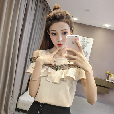 2018夏装新款蕾丝拼接甜美雪纺衫露肩荷叶边打底上衣女时尚女潮
