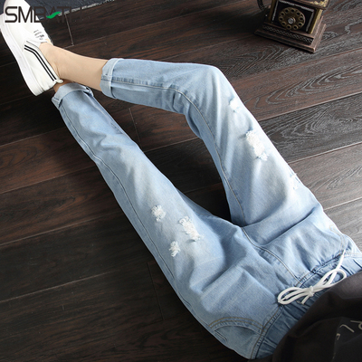 松紧腰高腰破洞哈伦牛仔裤女九分2019春秋新款韩版宽松直筒老爹裤