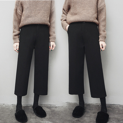 阔腿裤女秋冬九分2017新款韩版学生百搭宽松高腰直筒裤毛呢休闲裤