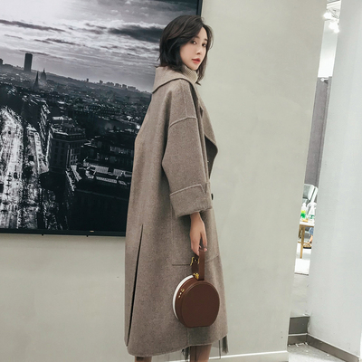2018秋冬新款手工阿尔巴卡双面呢大衣女长款宽松斜纹羊绒毛呢外套