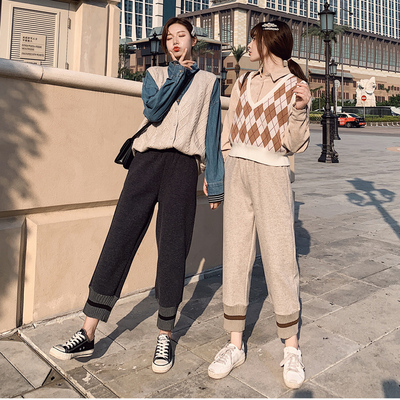 毛呢萝卜裤女秋冬网红奶奶裤宽松潮加厚裤子高腰直筒裤针织阔腿裤