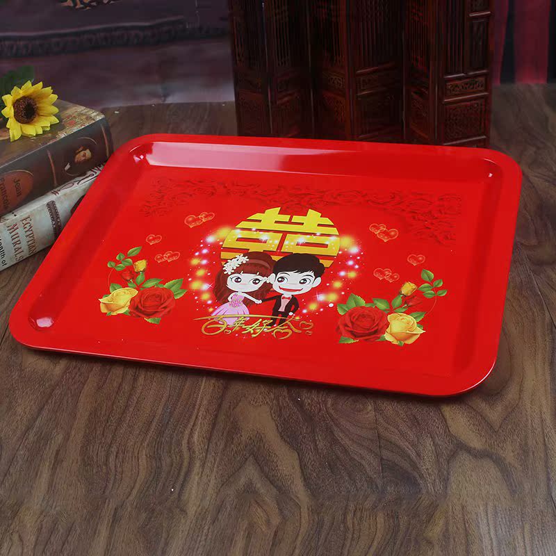 婚庆用品嫁妆创意新娘陪嫁双喜托盘敬茶盘水果红色喜庆结婚糖果盘|ruв категории посуда, чайный сервиз, чайный поднос - от Buy2taobao.com для оказания профессиональной услуги покупки агента Taobao