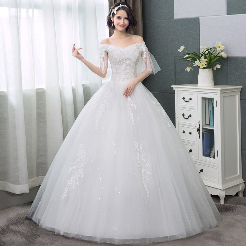 2019新款新品 新娘结婚韩式显瘦一字肩齐地简约v领大码礼服婚纱|msdalam kategori Butik wanita / wanita, perkahwinan/Cheongsam/pakaian, perkahwinan - dari Buy2taobao.com untuk memberikan perkhidmatan ejen Taobao profesional membeli