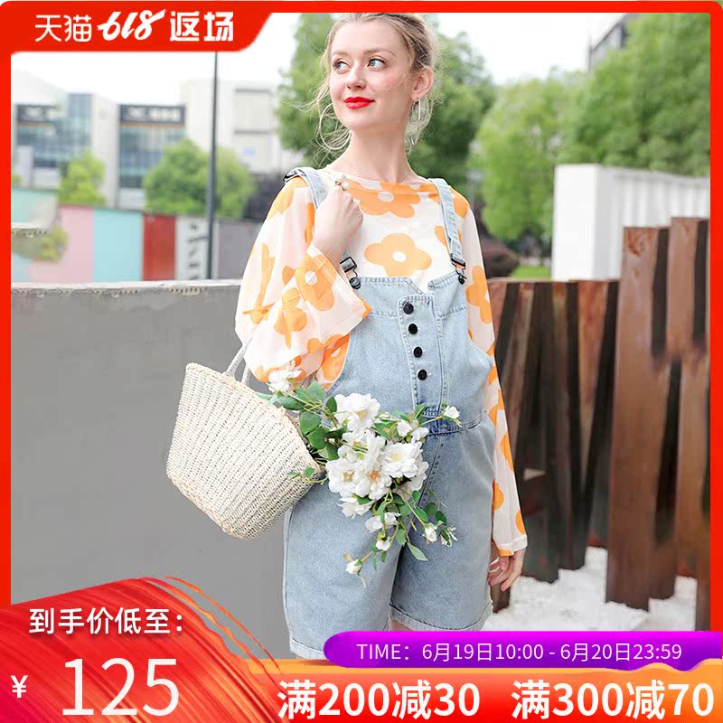 婕西孕妇时尚套装宽松印花网纱上衣薄款背带牛仔短裤两件套夏装|ruв категории Всё для беременных и кормящих, брюки для беременных женщин/опорный брюшной брюки, женские брюки с бретелями - от Buy2taobao.com для оказания профессиональной услуги покупки агента Taobao