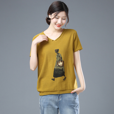 纯棉印花女上衣短袖宽松大码T恤 夏季新款V领显瘦针织衫斯琴风格