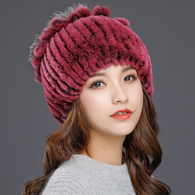 新款韩版户外出游獭兔毛帽子女士厚实保暖女冬天优雅狐狸毛针织帽