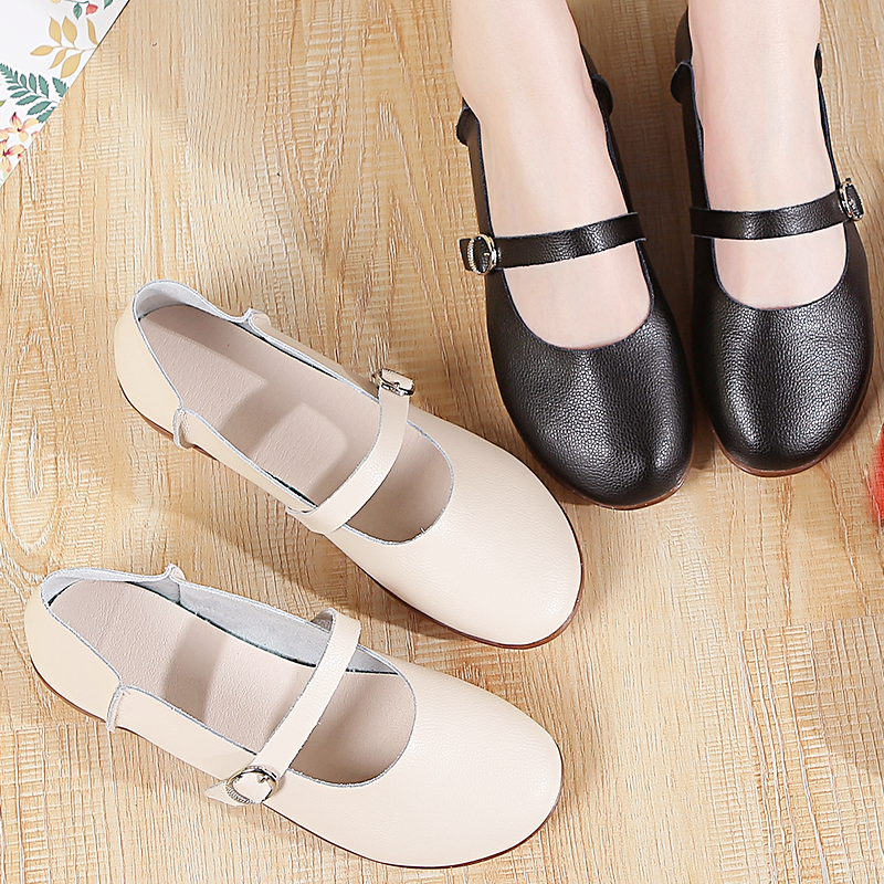 Single Shoe with One Word Strip 2019 Summer fund Shallow mouth square dance Mom shoes soft sole comfortable Flat bottom middle age Real leather shoesin the Women's Shoes, Low shoes category - from Buy2taobao.com to provide professional Taobao agent buy service