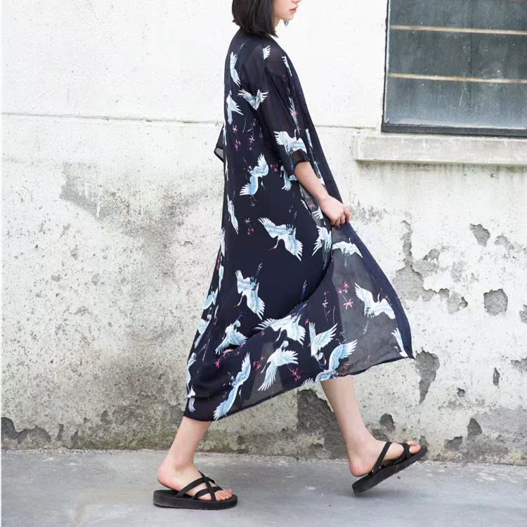 文艺仙鹤印花雪纺衫中长款女复古空调开衫夏季薄款防晒衣日式和风|ruв категории Женская одежда, кружева свитер/шифон рубашка - от Buy2taobao.com для оказания профессиональной услуги покупки агента Taobao