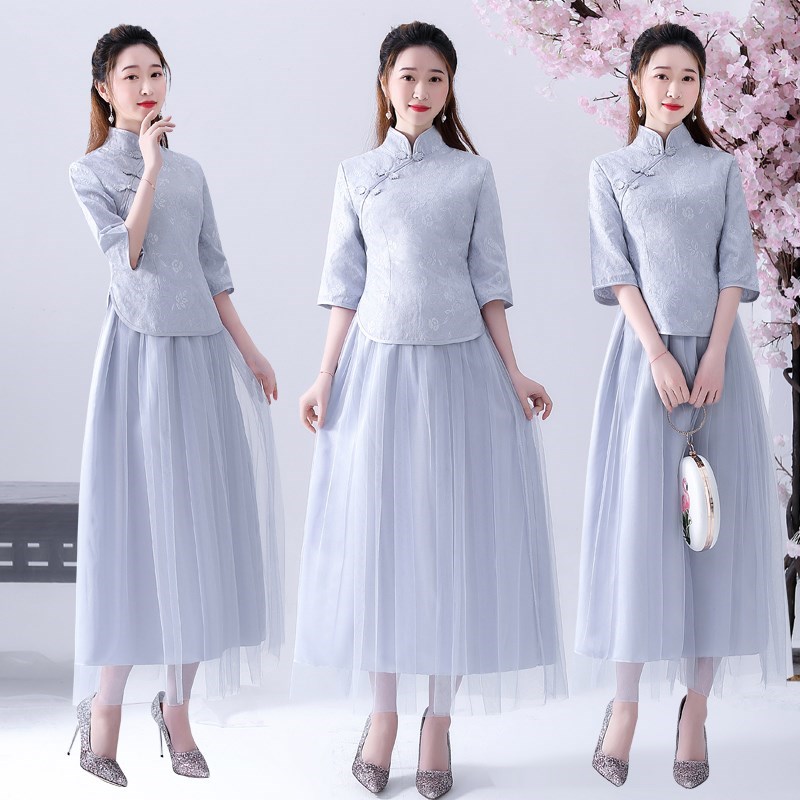 中式伴娘服2019春夏季新款复古立领灰色结婚伴娘团礼服姐妹裙长款|msdalam kategori Butik wanita / wanita, perkahwinan/Cheongsam/pakaian, pakaian/malam - dari Buy2taobao.com untuk memberikan perkhidmatan ejen Taobao profesional membeli