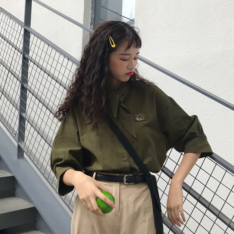 短袖女衬衣学生复古港风衬衫女设计感小众宽松港味上衣潮|ruв категории Женская одежда, рубашка - от Buy2taobao.com для оказания профессиональной услуги покупки агента Taobao
