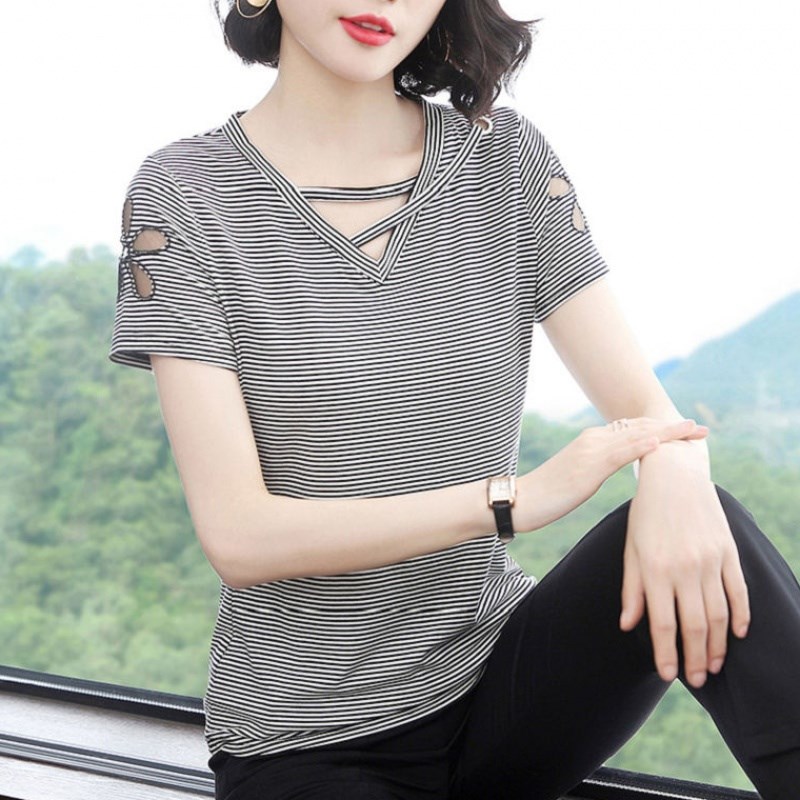【95%棉】2019新款女装黑白细条纹T恤女V领体恤镂空短袖夏季上衣|ruв категории плесень играть/Аниме/вокруг/cos/настольные игры, Косплей одежды/реквизит/услуги, Косплей женской одежды - от Buy2taobao.com для оказания профессиональной услуги покупки агента Taobao