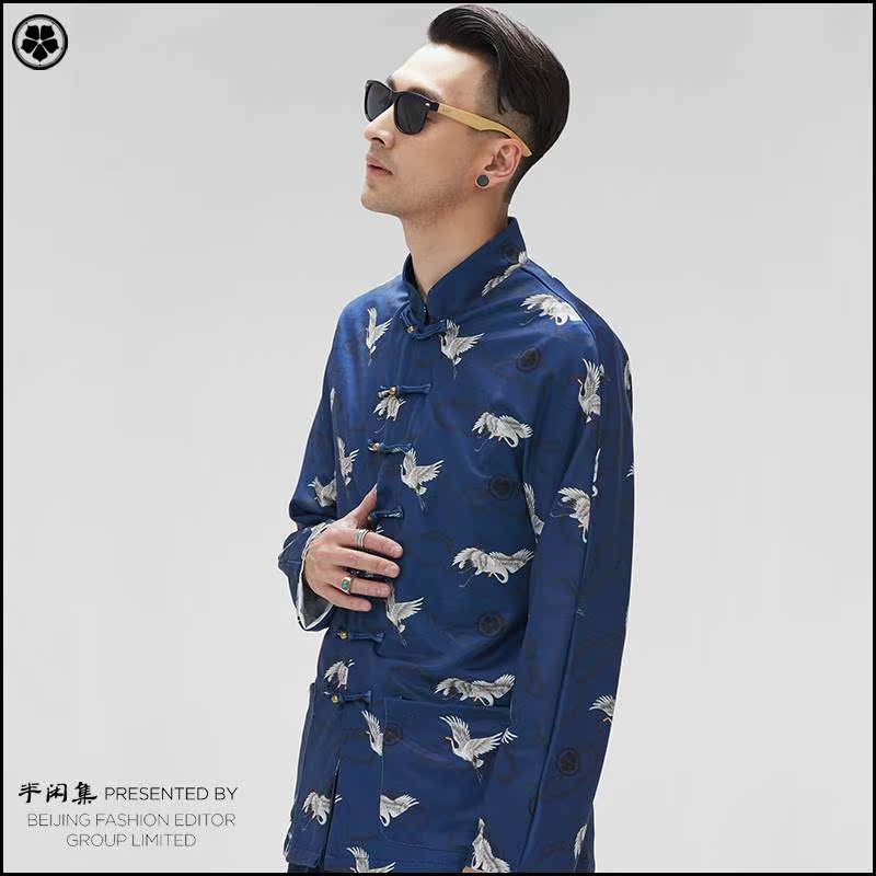 嘻哈鹤印花唐装时尚国潮男青年蓝色盘扣上衣外套中国风男装在类目 男装, 民族服装中 - 来自Buy2taobao.com提供专业的淘宝代购服务