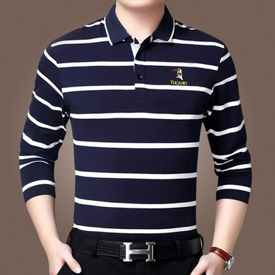 啄木鸟秋季纯棉长袖t恤男翻领宽松休闲中年人爸爸装条纹polo衫潮