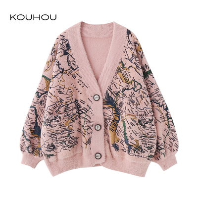 蔻后慵懒风地图印花水貂绒V领针织单排扣灯笼袖设计简约百搭开衫