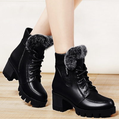 马丁靴秋冬季女鞋2017新款兔毛系带圆头粗跟短靴加绒高跟棉鞋靴子