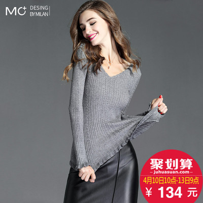 沫加2018春装新款修身V领打底毛衣女长袖百搭套头木耳边针织衫