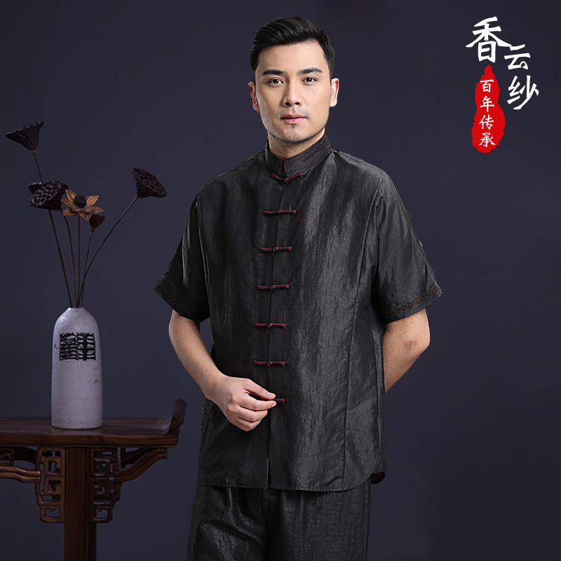 summer Chinese style gambiered Guangdong gauze Real silk shirt Short sleeved Tang costume Chinese style mulberry silk shirt Buttercup silk dadin the Men's clothing, National costume category - from Buy2taobao.com to provide professional Taobao agent buy service