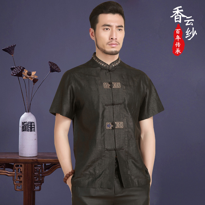 gambiered Guangdong gauze Real silk Tang costume Easy Stand collar Short sleeved shirt mulberry silk Chinese style men's wear Middle and old age half sleeve jacketin the Men's clothing, National costume category - from Buy2taobao.com to provide professional Taobao agent buy service