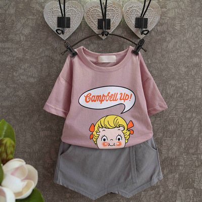 童装夏季2016女童可爱字母印花女孩T恤+不规则短裤套装