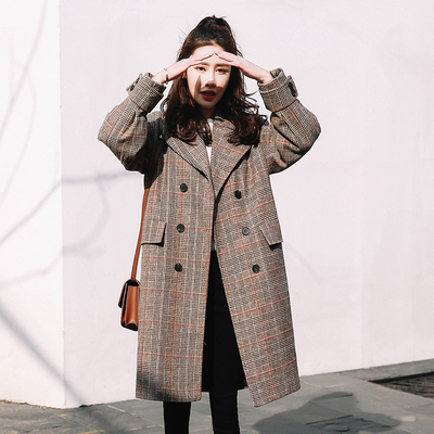 2017秋冬新款韩版显瘦学生中长款加厚棉格子妮复古毛呢子大衣外套