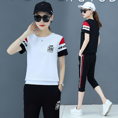 大码休闲运动套装女纯棉两件套2019新款韩版夏季短袖七分裤跑步服