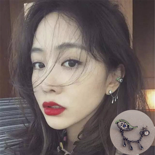 韩国气质个性水钻眼睛水滴耳挂耳夹耳环女时尚夸张潮水晶复古耳钉