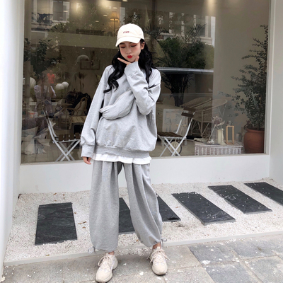 复古港风chic春秋假两件拼接卫衣+收脚运动长裤+包包休闲三件套女