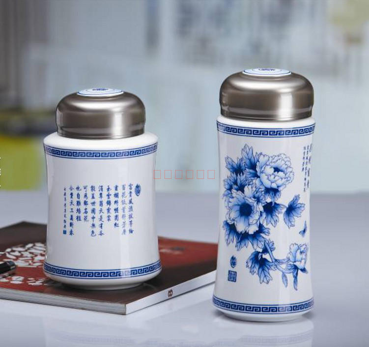 高档青花花开富贵茶漏杯茶叶罐骨瓷两件套适用送长辈送老师办公室|msdalam kategori pinggan mangkuk, set teh, Cup - dari Buy2taobao.com untuk memberikan perkhidmatan ejen Taobao profesional membeli