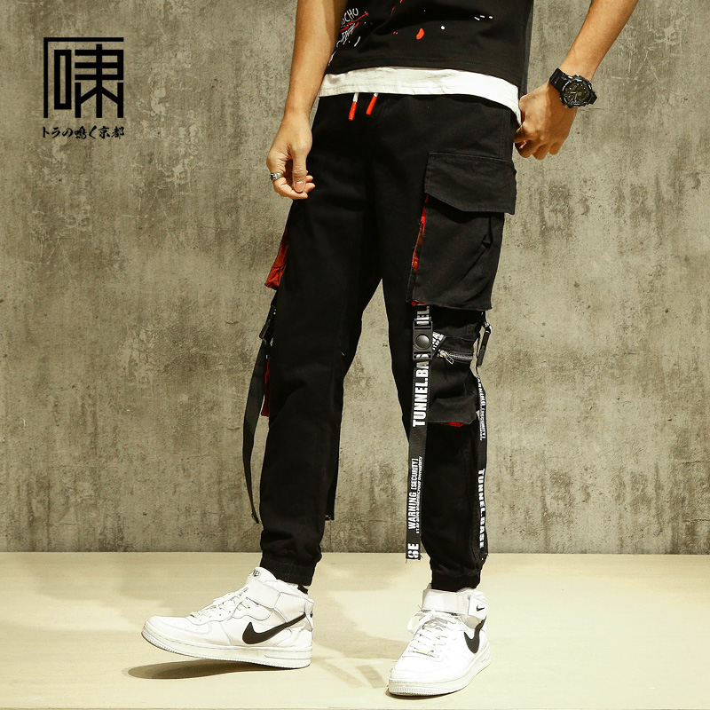 Chaopai Guochao personality Ribbon Overalls Hip hop pocket Haren pants Feet Casual pants trousersin the Men's clothing, Casual pants category - from Buy2taobao.com to provide professional Taobao agent buy service