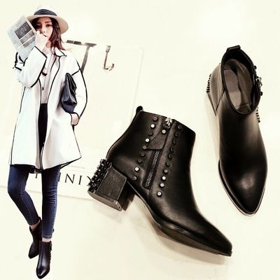 马丁靴女英伦风真皮短靴女粗跟尖头加绒2016