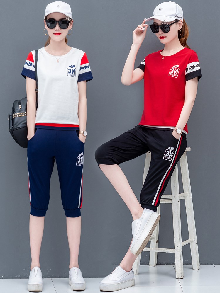 休闲运动套装女夏季2019新款韩版圆领短袖七分裤纯棉跑步服两件套在类目 女装/女士精品, 套装/学生校服/工作制服, 休闲运动套装中 - 来自Buy2taobao.com提供专业的淘宝代购服务