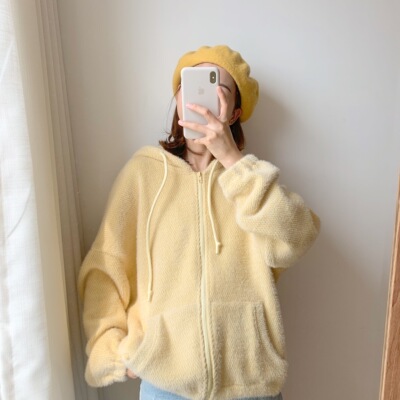 freshtaro19FW/ 本期bi入！暖调玉米粒雾面毛绒绒连帽加厚外套女