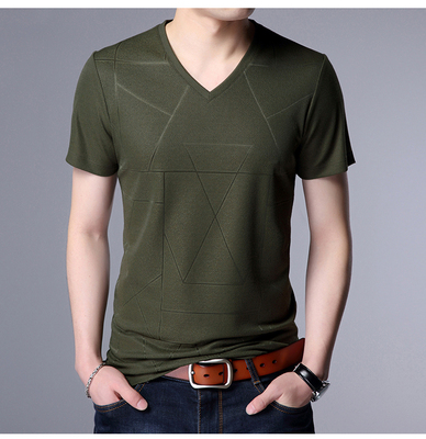 2018夏季T恤男士商务版V领冰丝短袖体恤薄款百搭提花T恤