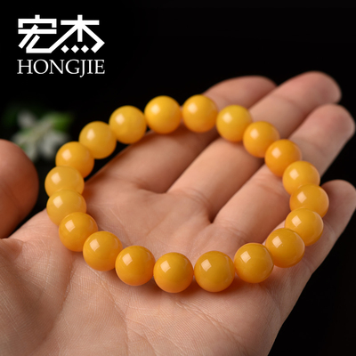 宏杰 鸡油黄蜜蜡手链男女 蜜蜡琥珀佛珠手串情侣时尚饰品标配证书