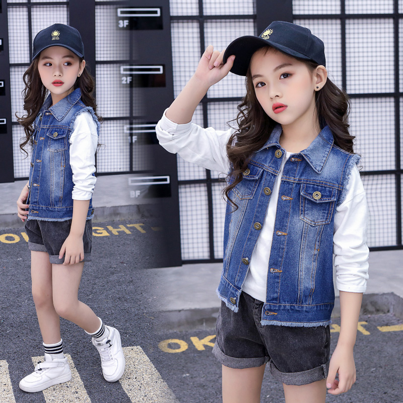 girl Soft denim Vest spring and autumn new pattern Western style Big boy Cardigan Short coat Vest pocket waistcoat vestin the Children/Baby/Family fitted , Vest category - from Buy2taobao.com to provide professional Taobao agent buy service