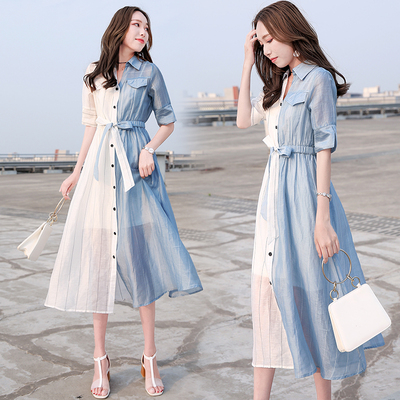 2018新款夏季优雅气质衬衣拼接收腰衬衫连衣裙女中长款显瘦裙子