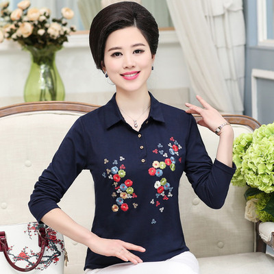 中老年女装新款全棉长袖T恤妈妈装翻领上衣中年女春季绣花打底衫