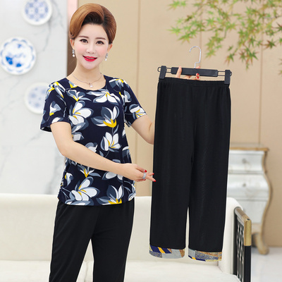 2019夏季新款中年女装妈妈装两件套装雪纺短袖上衣真丝T恤裤子薄