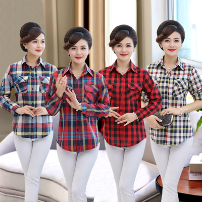 中老年女装衬衫妈妈装大码格子长袖开衫春秋薄款女士衬衣宽松t恤