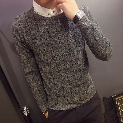 男青年假两件毛衣帅气衬衣领针织衫格子修身线衣保暖内搭打底衫潮