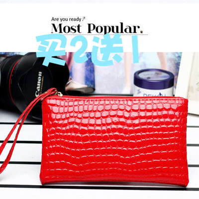 买2送1新款韩版手拿包女士pu零钱包亮面石头纹手机包黑色手抓包