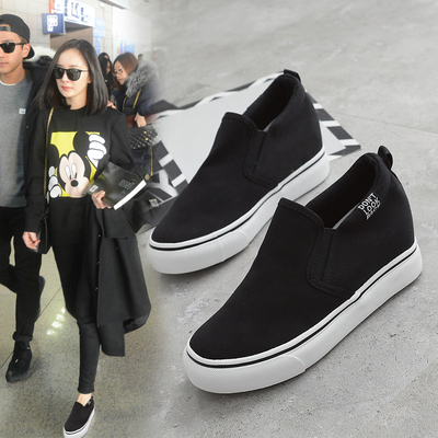 2017秋新款懒人乐福鞋韩版内增高黑色帆布鞋女百搭休闲一脚蹬女鞋