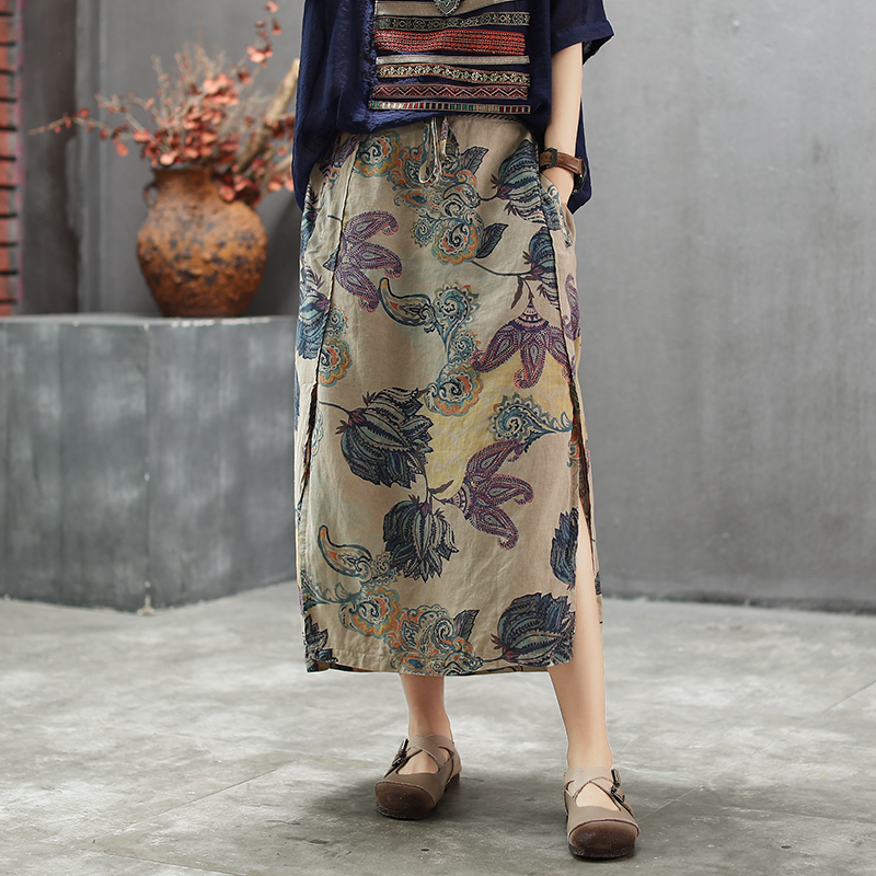 Amy rain 2019 new pattern Retro literature printing Flax skirt Easy Versatile Split ends A word skirt skirtin the Women's clothing/Boutique , Skirts category - from Buy2taobao.com to provide professional Taobao agent buy service