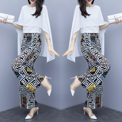 2019新款女装夏季大码两件套裤蝙蝠袖雪纺上衣印花阔腿裤时尚套装