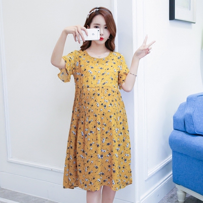 雪纺孕妇连衣裙百褶裙碎花中长款孕妇裙夏大码