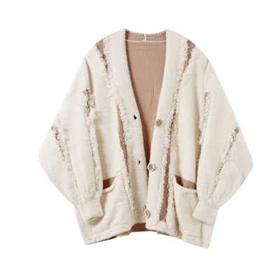 V领流苏撞色水貂绒毛衣开衫外套中长款宽松加厚慵懒风小个子外穿